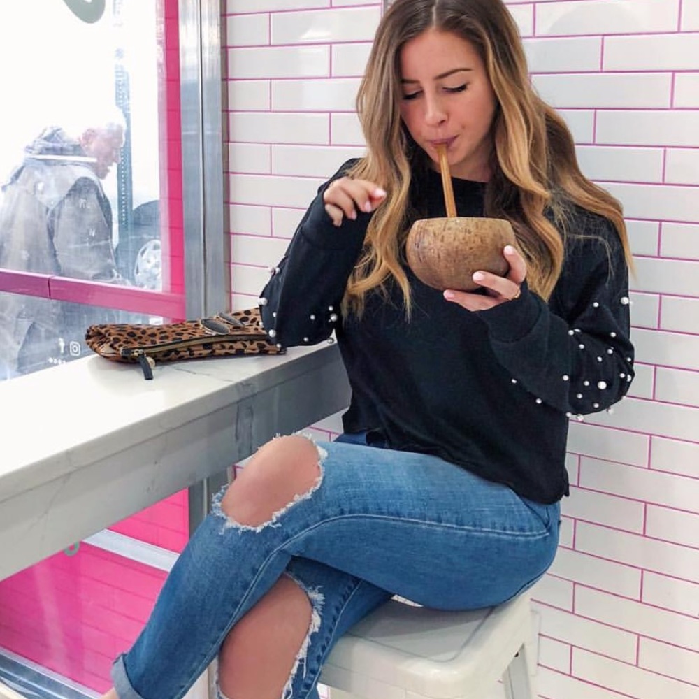 Pearl Embellished Sleeve Black Sweatshirt